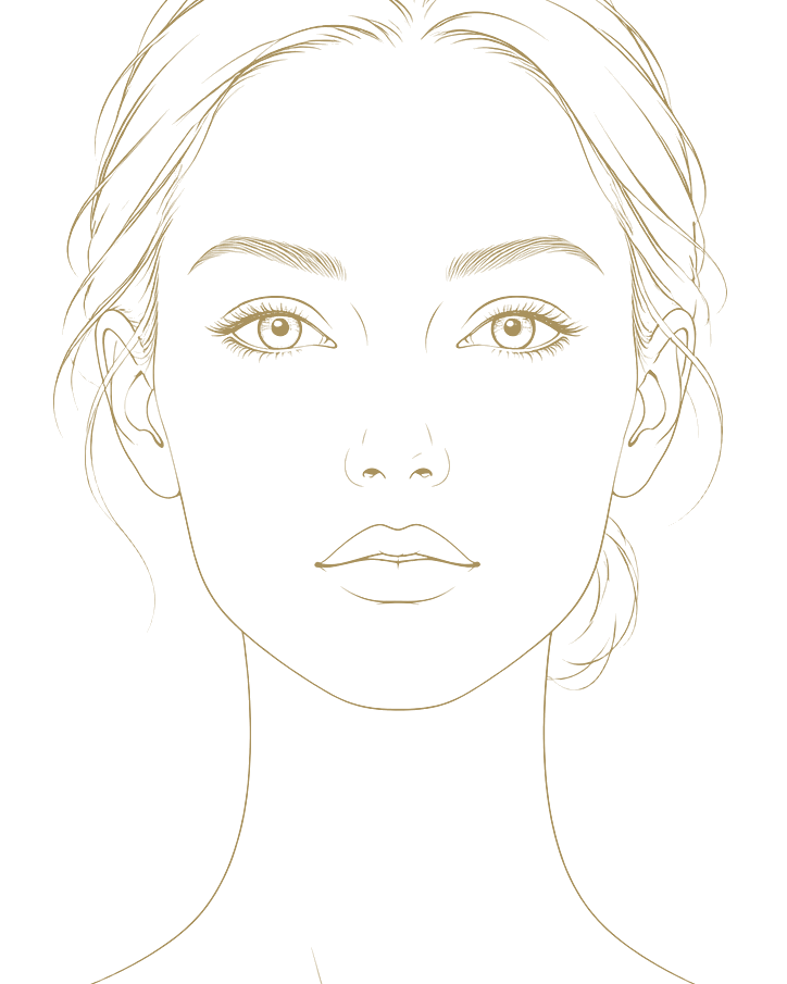 Ilustração em traço fino de um rosto feminino, com pontos sobre as regiões tratáveis
